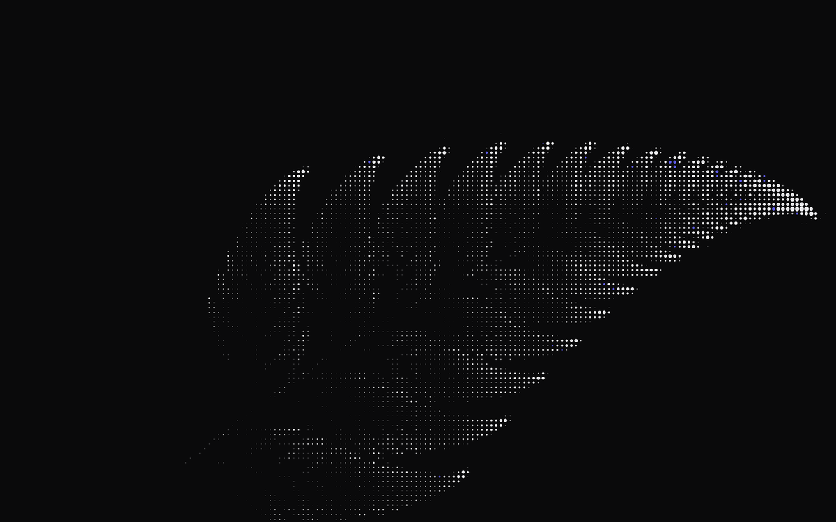 A fern frond drawn as a field of dots, brighter toward its tip, with a few faint indigo points inside
