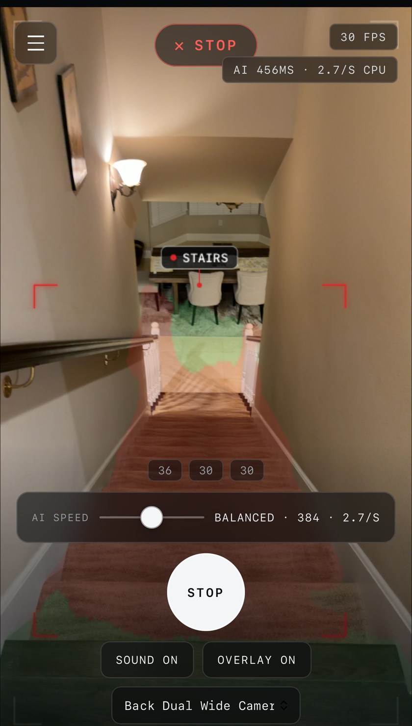 Hindsight warning about stairs ahead: the walkable overlay tints the floor, a Stairs label sits over the scene, and a stop warning shows at the top
